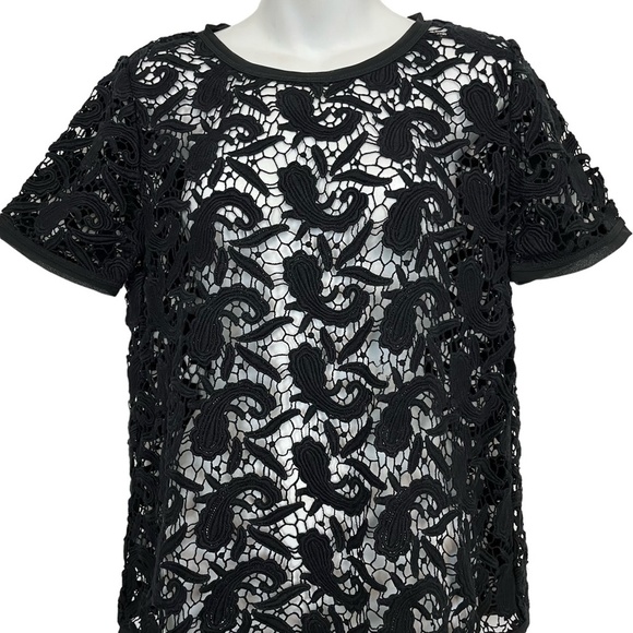 Ann Taylor LOFT Black Paisley Crochet Short Sleeve Sheer Top Blouse Shirt sz M - Picture 5 of 16